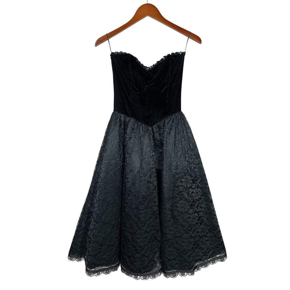 Vintage Gunne Sax by Jessica McClintock 80s Strapless Black Velvet Lace Dress 7